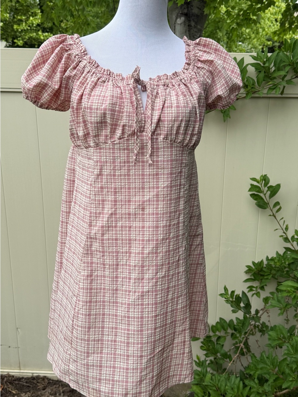 Size XL Pink Plaid Babydoll Mini Dress Puff Sleeve Cottagecore Peasant Dress